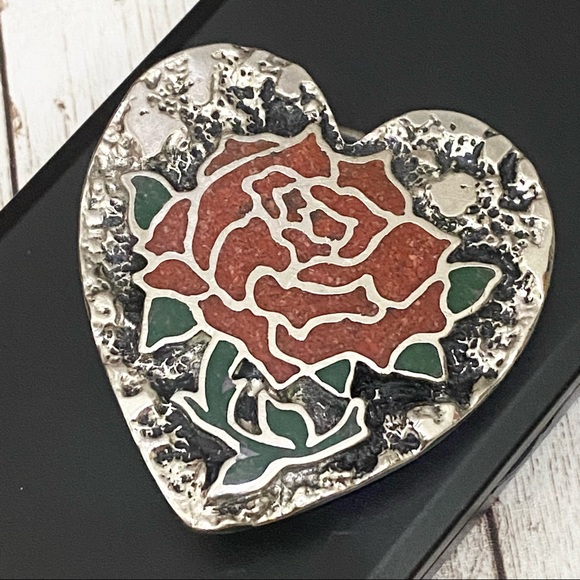 Vintage S.S.I. Enamel Inlay Rose Flower Heart-shaped Belt Buckle - Picture 5 of 12